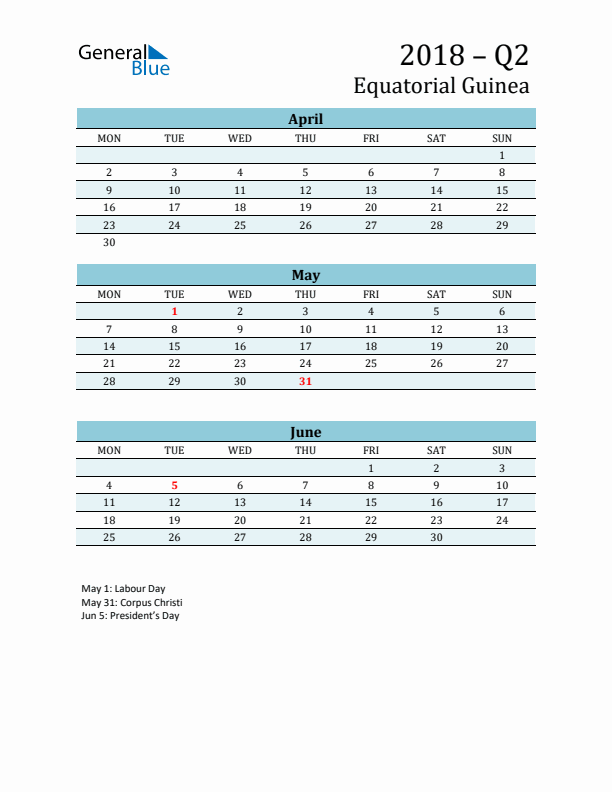 Three-Month Planner for Q2 2018 with Holidays - Equatorial Guinea