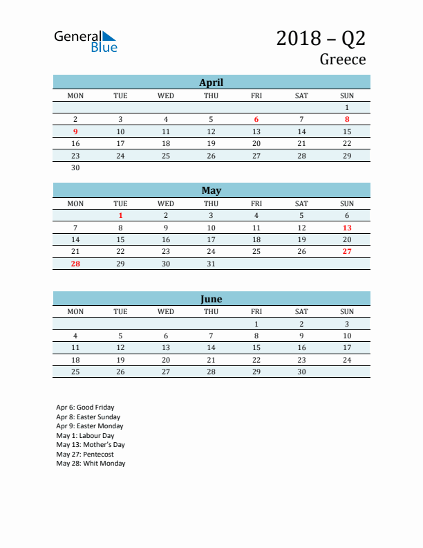 Three-Month Planner for Q2 2018 with Holidays - Greece