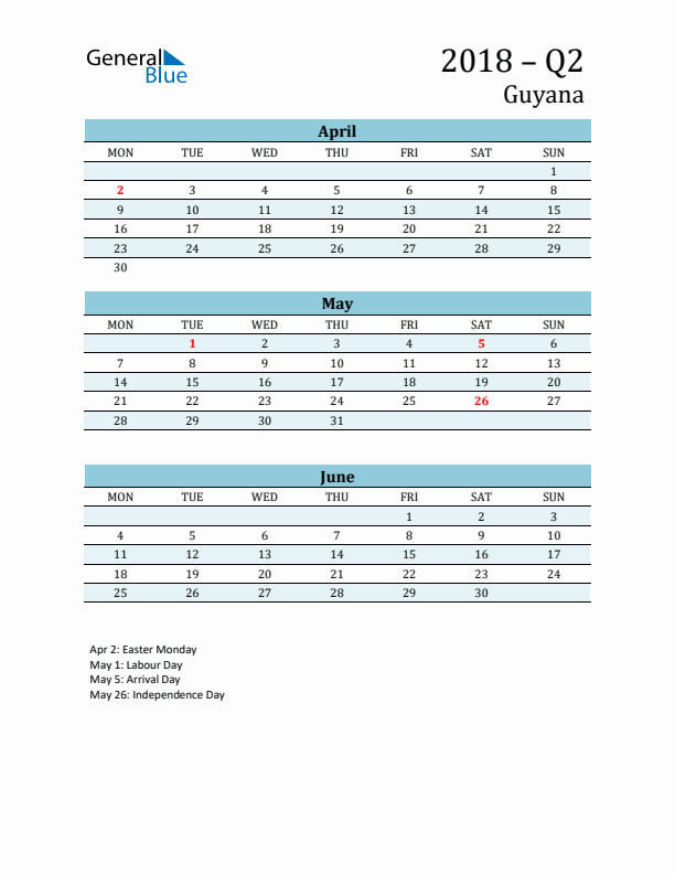 Three-Month Planner for Q2 2018 with Holidays - Guyana