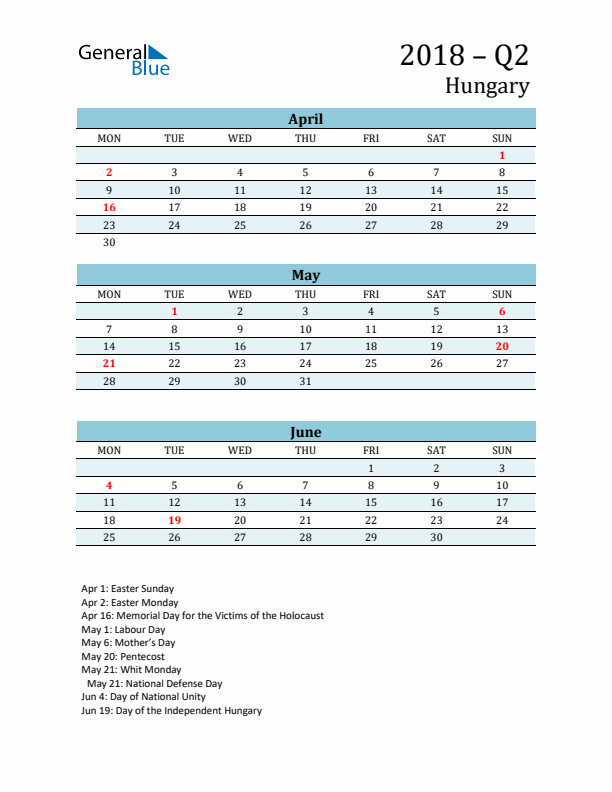 Three-Month Planner for Q2 2018 with Holidays - Hungary