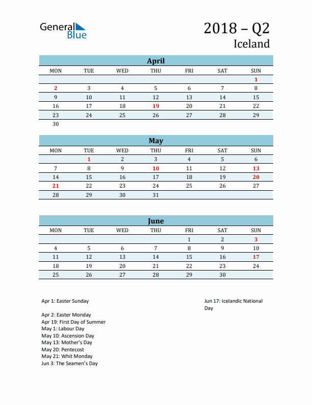 Three-Month Planner for Q2 2018 with Holidays - Iceland