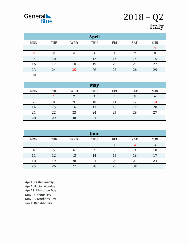 Three-Month Planner for Q2 2018 with Holidays - Italy