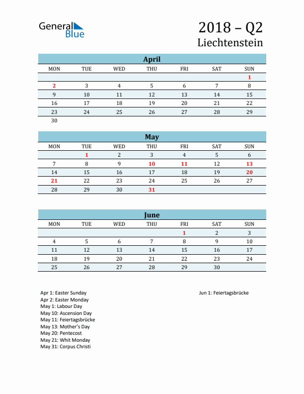 Three-Month Planner for Q2 2018 with Holidays - Liechtenstein