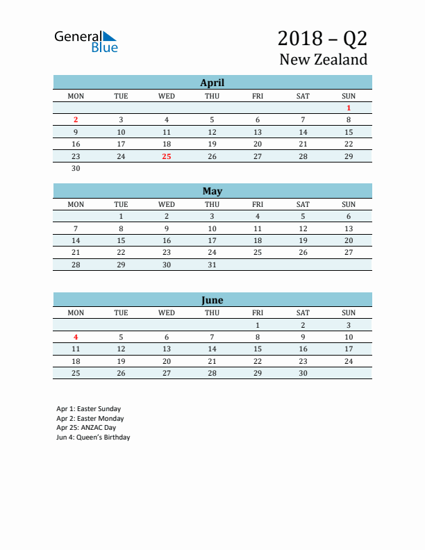 Three-Month Planner for Q2 2018 with Holidays - New Zealand