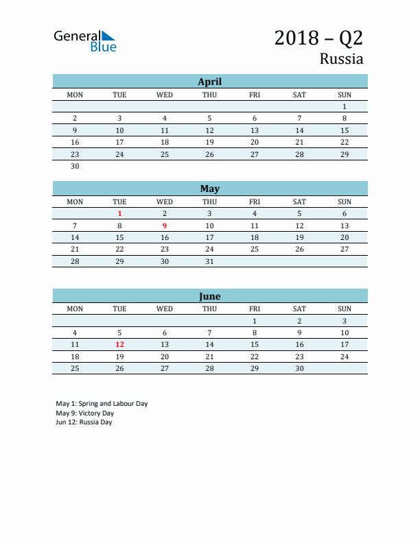 Three-Month Planner for Q2 2018 with Holidays - Russia