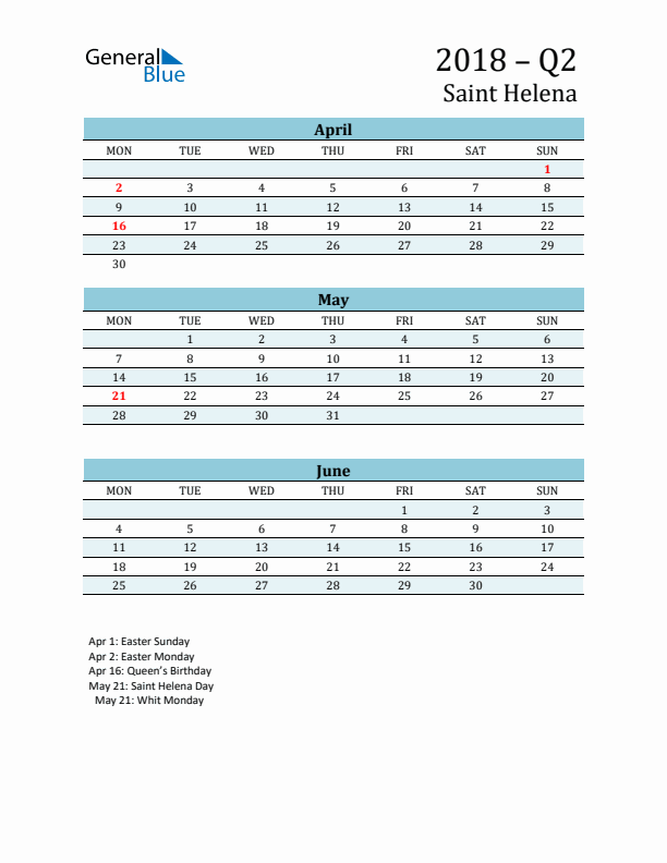 Three-Month Planner for Q2 2018 with Holidays - Saint Helena