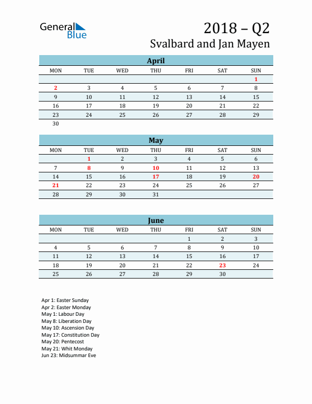 Three-Month Planner for Q2 2018 with Holidays - Svalbard and Jan Mayen