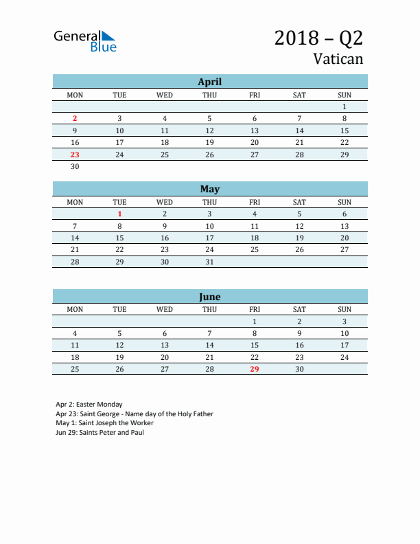 Three-Month Planner for Q2 2018 with Holidays - Vatican