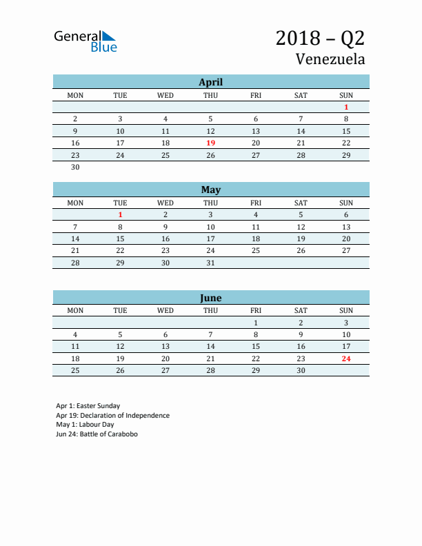 Three-Month Planner for Q2 2018 with Holidays - Venezuela