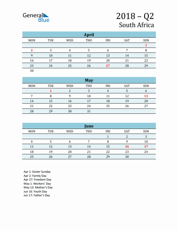 Three-Month Planner for Q2 2018 with Holidays - South Africa