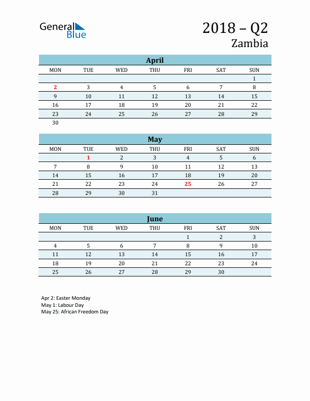 Three-Month Planner for Q2 2018 with Holidays - Zambia