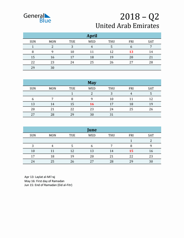 Three-Month Planner for Q2 2018 with Holidays - United Arab Emirates