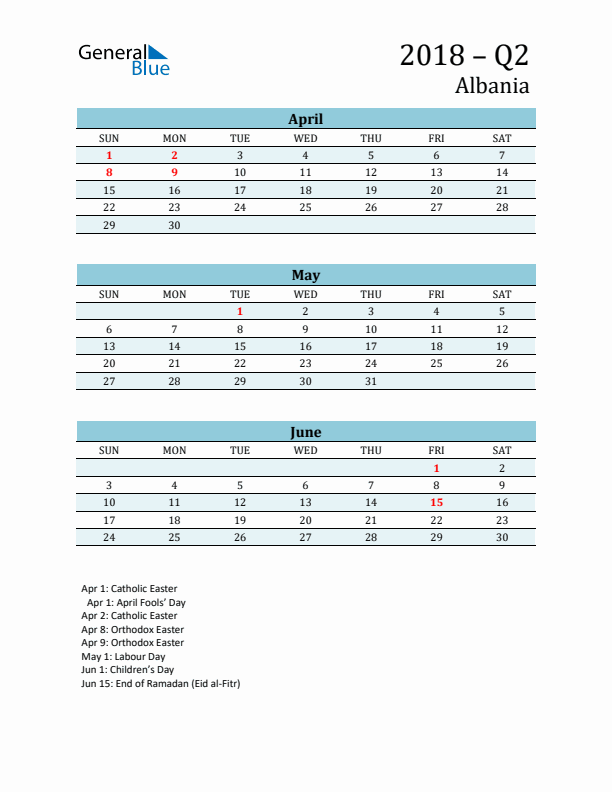 Three-Month Planner for Q2 2018 with Holidays - Albania