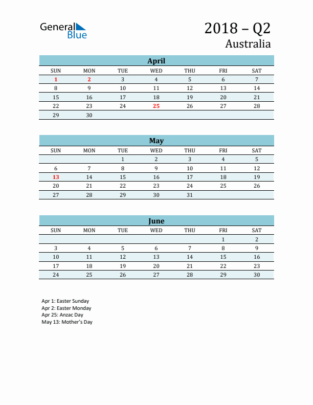 Three-Month Planner for Q2 2018 with Holidays - Australia