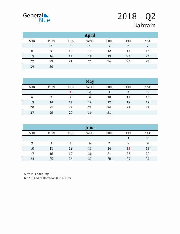 Three-Month Planner for Q2 2018 with Holidays - Bahrain