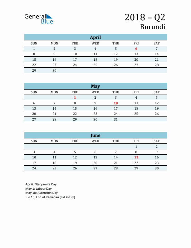 Three-Month Planner for Q2 2018 with Holidays - Burundi