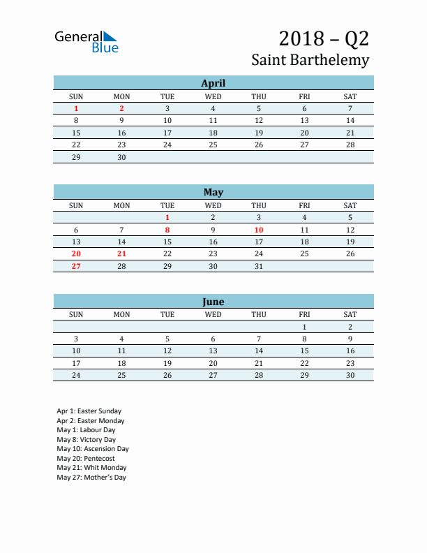 Three-Month Planner for Q2 2018 with Holidays - Saint Barthelemy