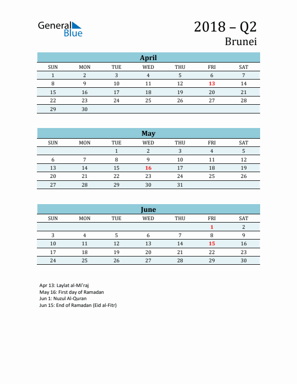 Three-Month Planner for Q2 2018 with Holidays - Brunei