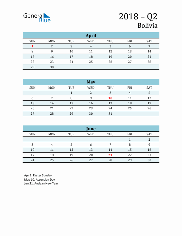 Three-Month Planner for Q2 2018 with Holidays - Bolivia