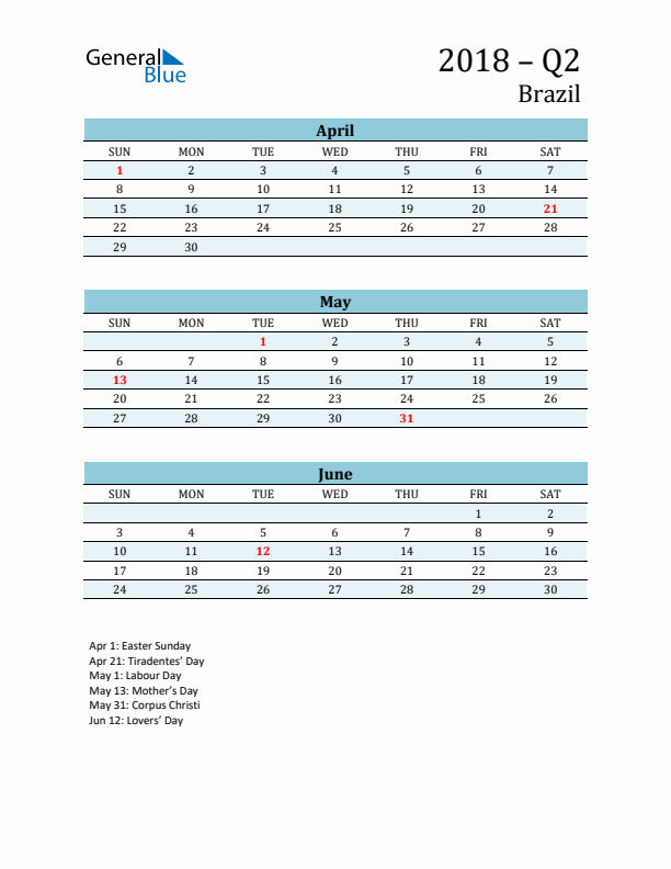 Three-Month Planner for Q2 2018 with Holidays - Brazil