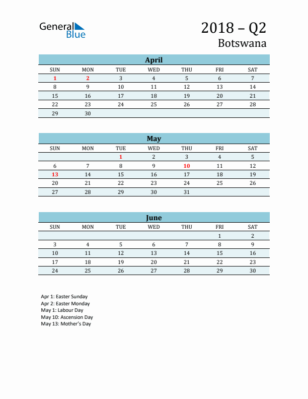 Three-Month Planner for Q2 2018 with Holidays - Botswana