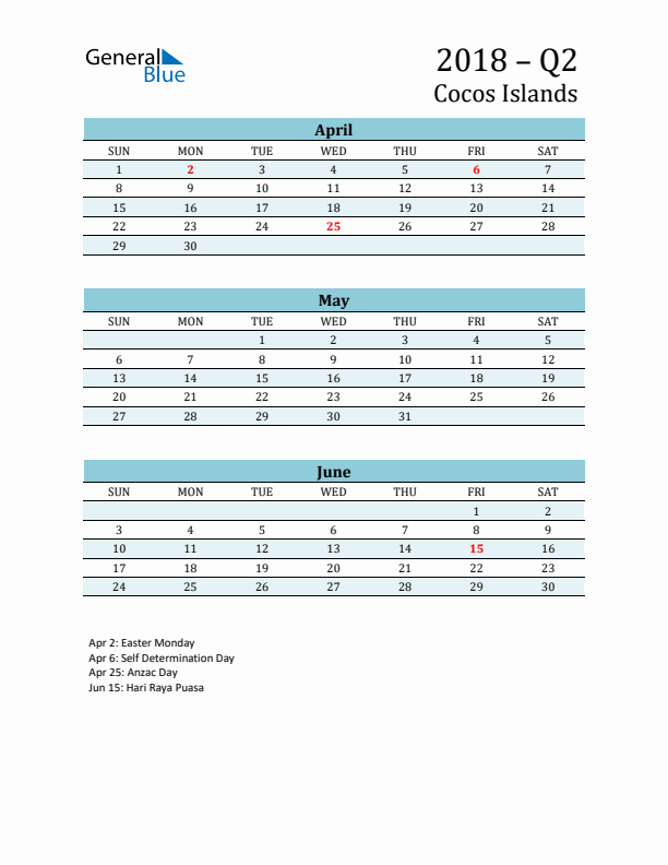 Three-Month Planner for Q2 2018 with Holidays - Cocos Islands