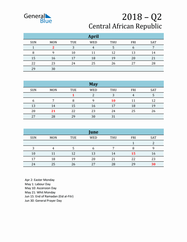 Three-Month Planner for Q2 2018 with Holidays - Central African Republic