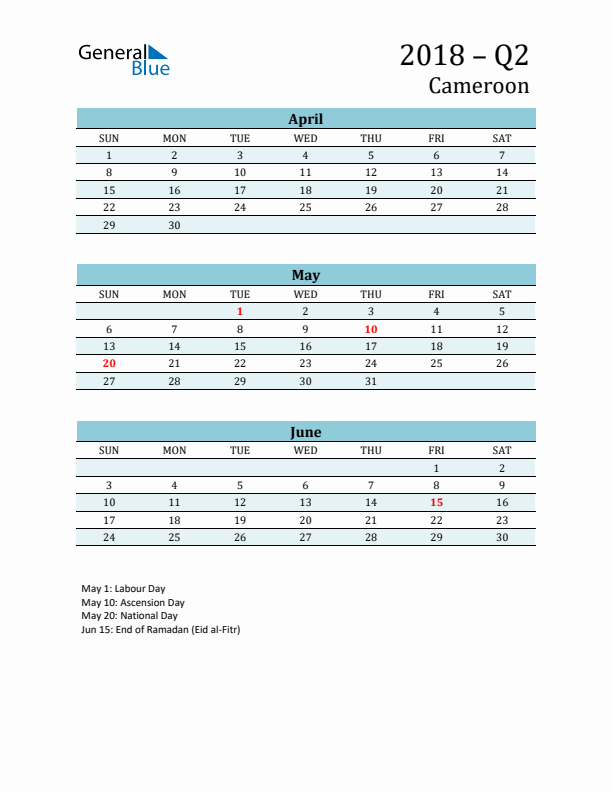 Three-Month Planner for Q2 2018 with Holidays - Cameroon