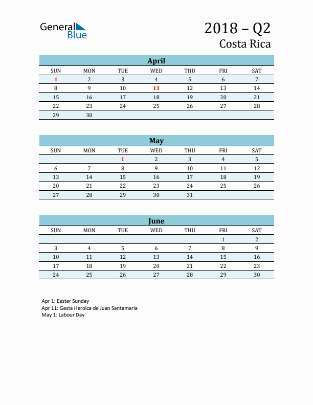 Three-Month Planner for Q2 2018 with Holidays - Costa Rica