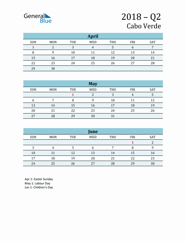 Three-Month Planner for Q2 2018 with Holidays - Cabo Verde