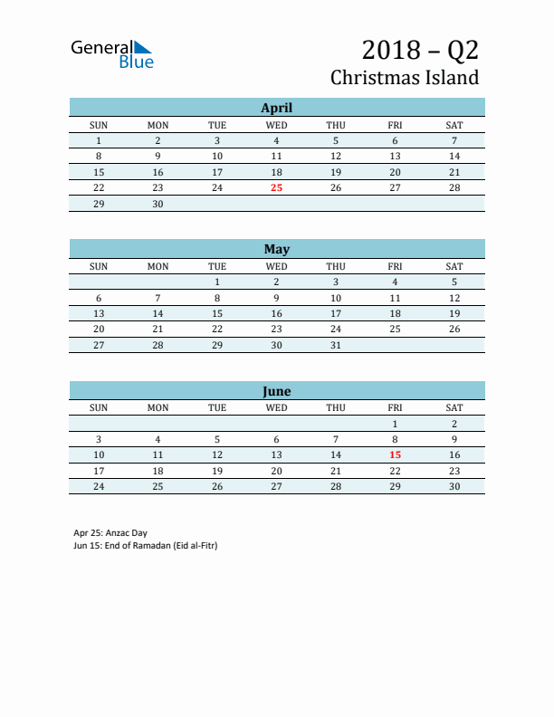 Three-Month Planner for Q2 2018 with Holidays - Christmas Island