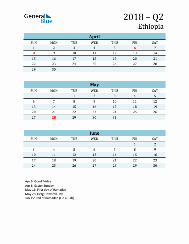 Three-Month Planner for Q2 2018 with Holidays - Ethiopia