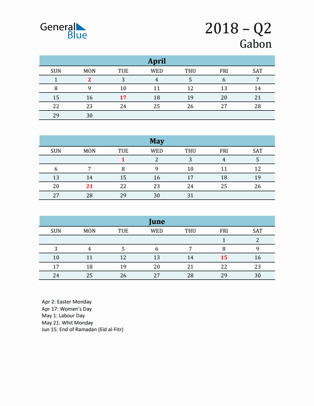 Three-Month Planner for Q2 2018 with Holidays - Gabon