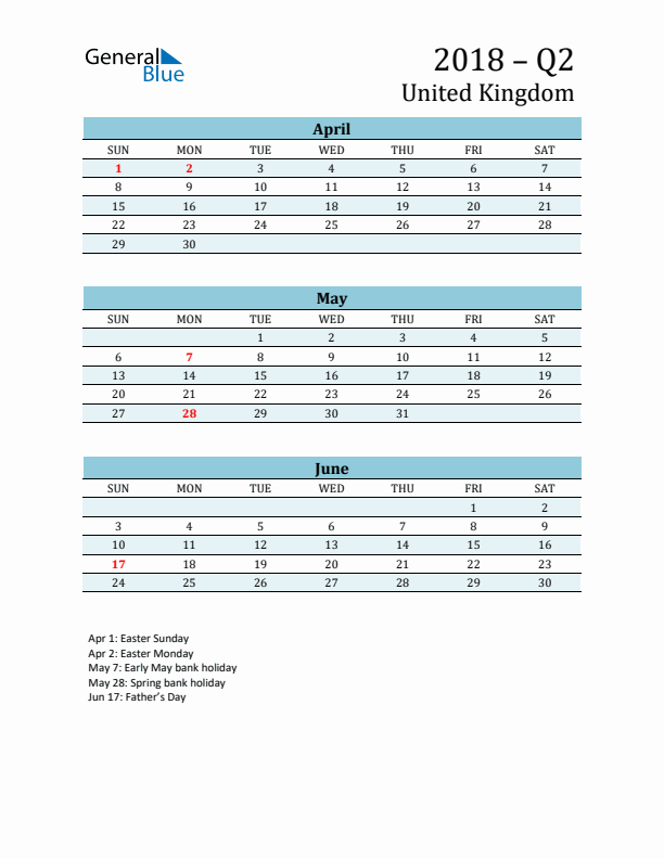 Three-Month Planner for Q2 2018 with Holidays - United Kingdom