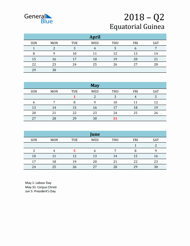 Three-Month Planner for Q2 2018 with Holidays - Equatorial Guinea