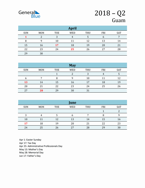 Three-Month Planner for Q2 2018 with Holidays - Guam