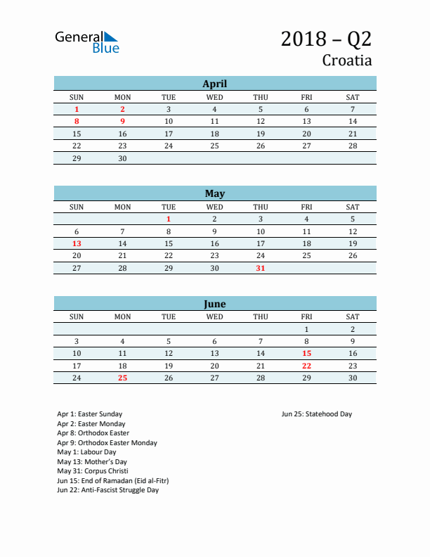 Three-Month Planner for Q2 2018 with Holidays - Croatia