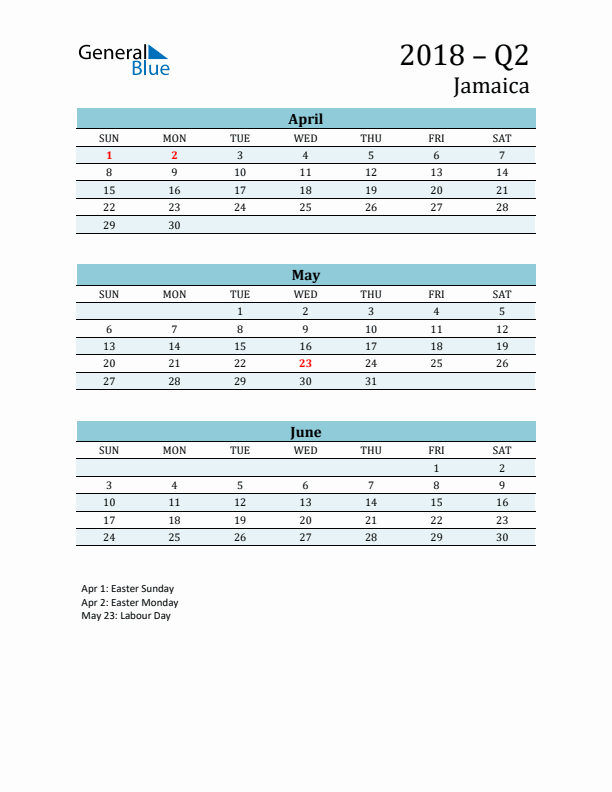 Three-Month Planner for Q2 2018 with Holidays - Jamaica