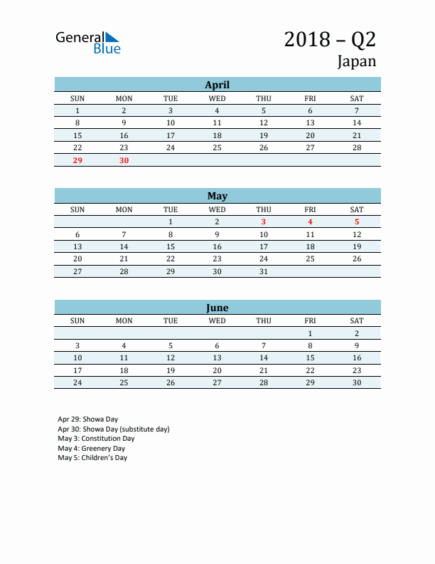 Three-Month Planner for Q2 2018 with Holidays - Japan