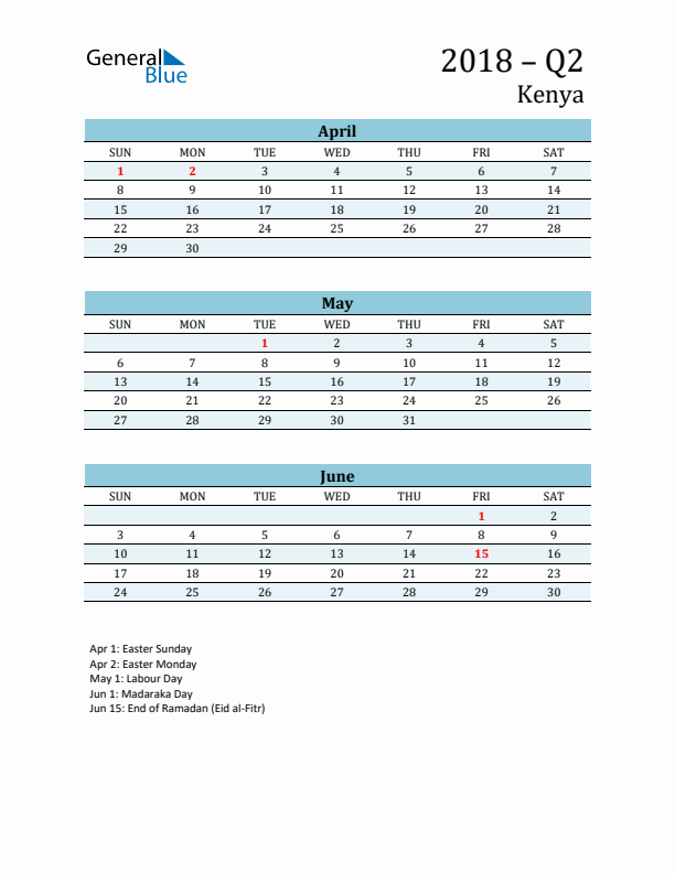 Three-Month Planner for Q2 2018 with Holidays - Kenya