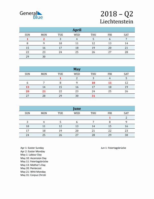 Three-Month Planner for Q2 2018 with Holidays - Liechtenstein