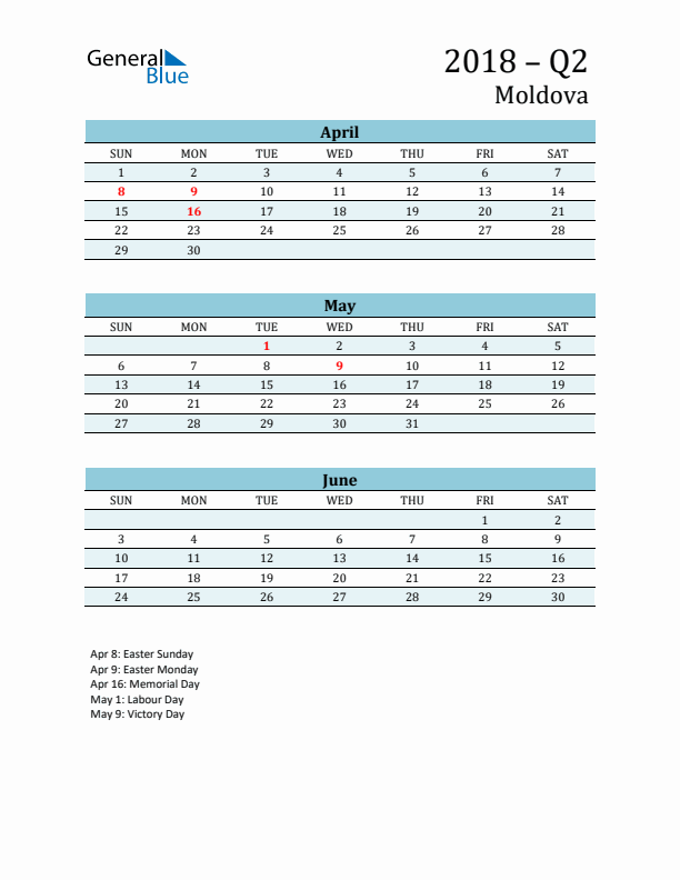 Three-Month Planner for Q2 2018 with Holidays - Moldova