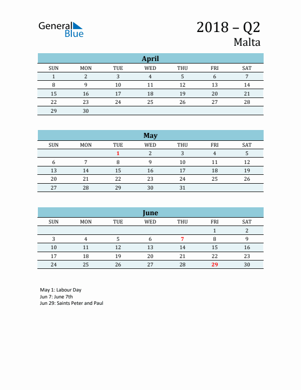 Three-Month Planner for Q2 2018 with Holidays - Malta