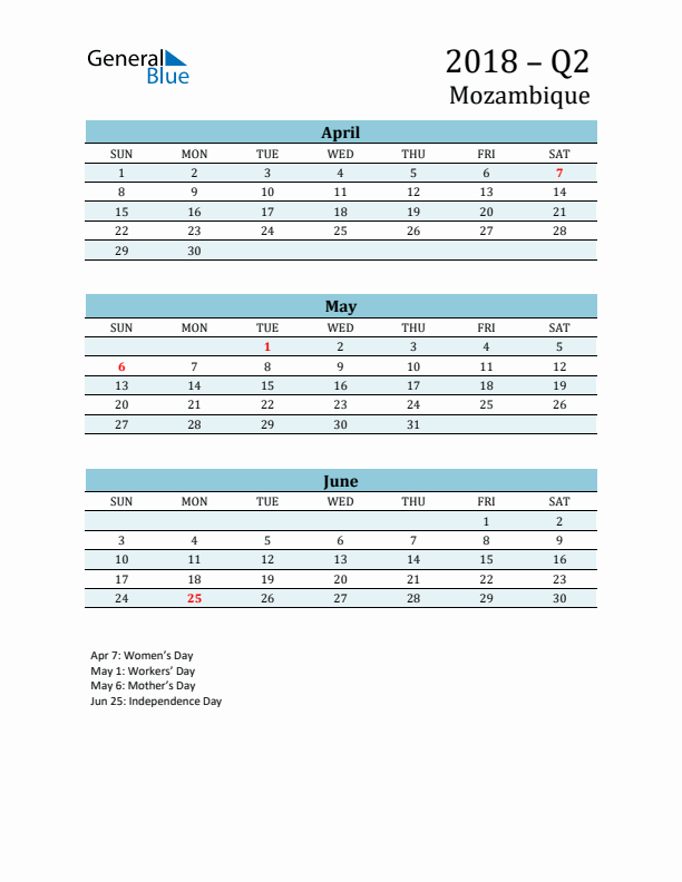 Three-Month Planner for Q2 2018 with Holidays - Mozambique