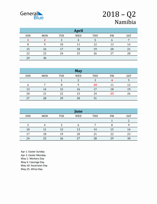 Three-Month Planner for Q2 2018 with Holidays - Namibia