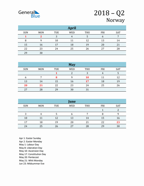 Three-Month Planner for Q2 2018 with Holidays - Norway