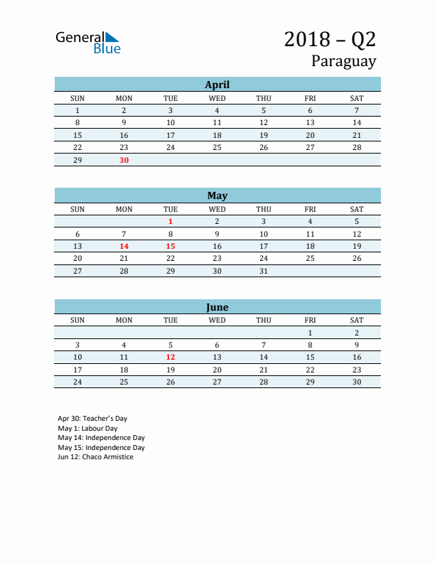 Three-Month Planner for Q2 2018 with Holidays - Paraguay