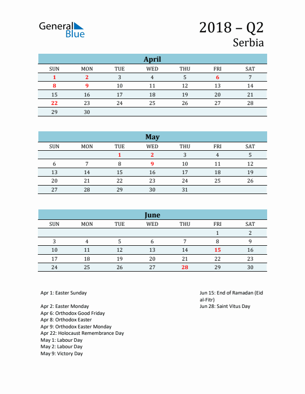 Three-Month Planner for Q2 2018 with Holidays - Serbia