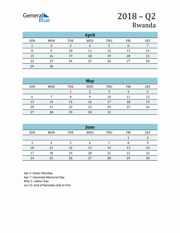 Three-Month Planner for Q2 2018 with Holidays - Rwanda