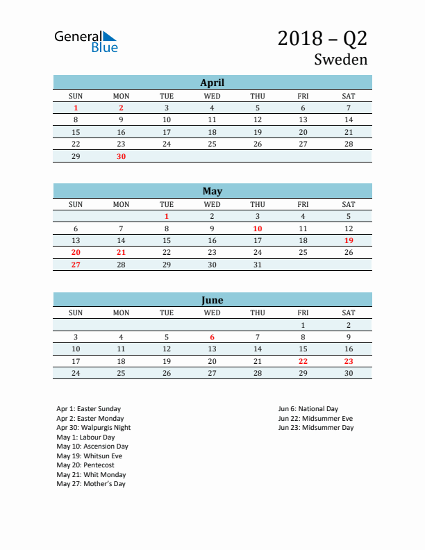 Three-Month Planner for Q2 2018 with Holidays - Sweden